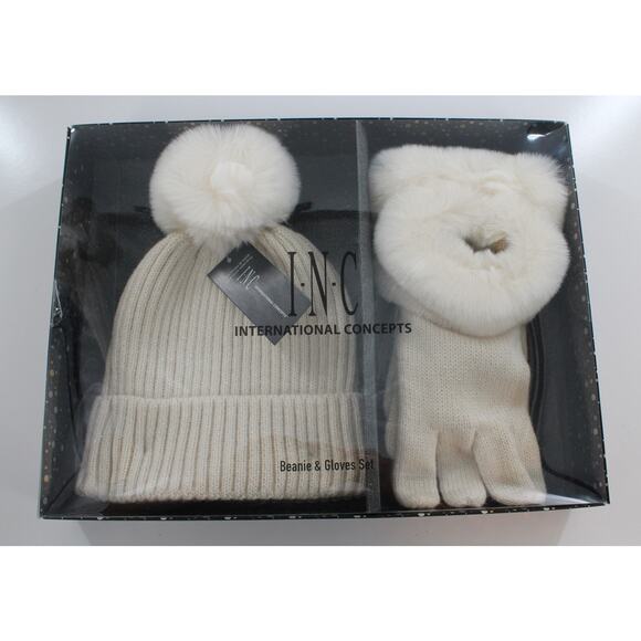 INC International Concepts Faux Fur Ivory Beanie Hat & Gloves Gift Set #GS002 - Picture 2 of 2